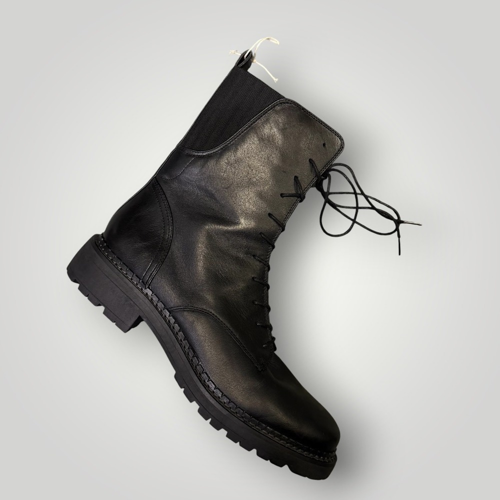 Sam Edelman Lex Black Leather Combat Boots Water Repellent Lug Sole Womens 10M
